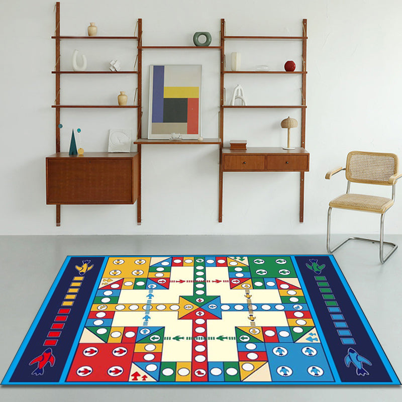 Skorter | Blue Children's Room Carpet Kids Chessboard Pattern Carpet Polyester Washable Non-Slip Backing Pet-Friendly Carpet