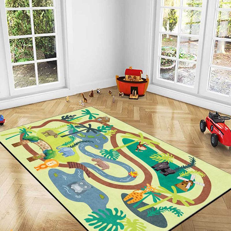 Skorter | Children's Zoo Pattern Carpet with Animal Brown Polyester Carpet Non-slip Pet Friendly Washable Area Rug for Kids' Room