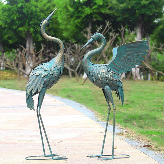 Skorter | 33-37 Inch Metal Crane Garden Statue Decor, Bird Garden Sculpture & Statues, Outdoor Decoration for Garden Patio Lawn Backyard Pool, Vintage Spreading Wings Crane, Set of 2