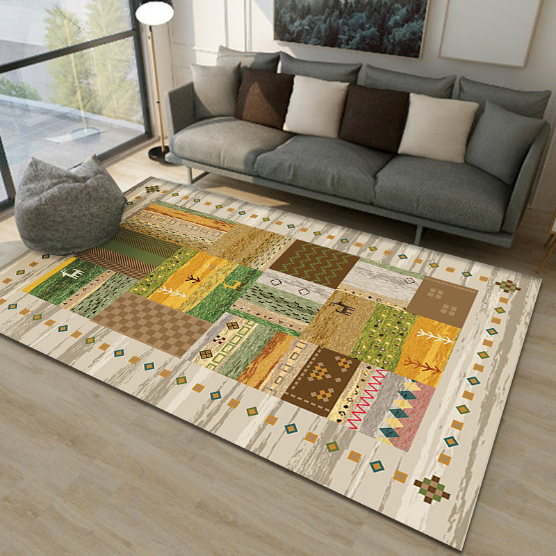 Skorter | Brown and Green Southwestern Rug Polypropylene Tribal Diamond Pattern Rug Pet Friendly Washable Non-Slip Rug for Decoration
