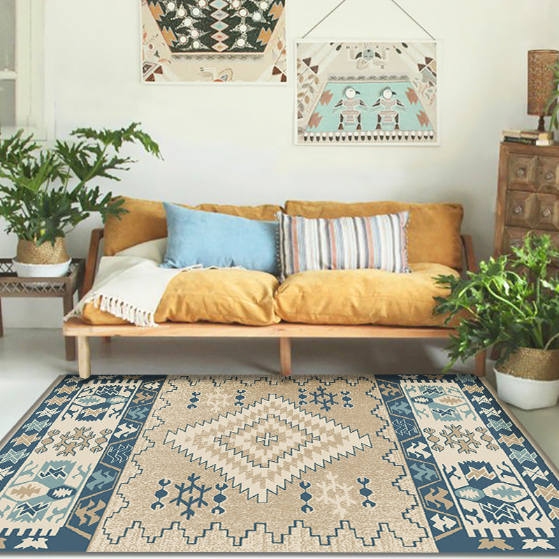 Skorter | Brown and Blue Bohemian Rug Synthetic Tribal Diamond Pattern Rug Pet-Friendly Washable Non-Slip Rug for Decoration