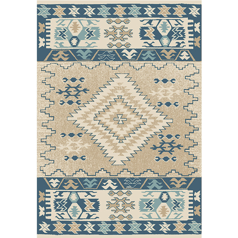 Skorter | Brown and Blue Bohemian Rug Synthetic Tribal Diamond Pattern Rug Pet-Friendly Washable Non-Slip Rug for Decoration