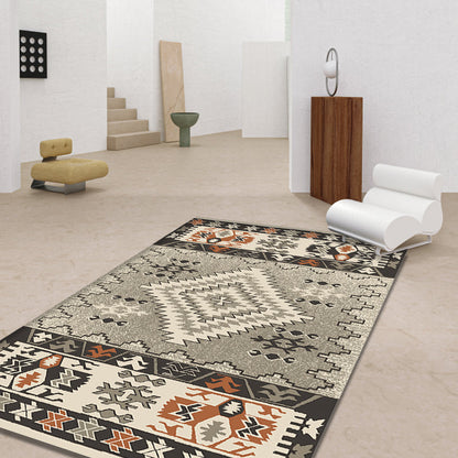 Skorter | Brown and Blue Bohemian Rug Synthetic Tribal Diamond Pattern Rug Pet-Friendly Washable Non-Slip Rug for Decoration