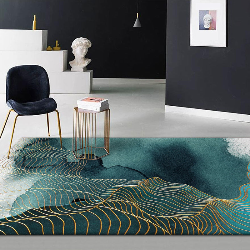 Skorter | Creative Green Industrial Carpet Polyester Abstract Swirl Striped Pattern Carpet Washable Non-Slip Backing Pet-Friendly Carpet for Decoration