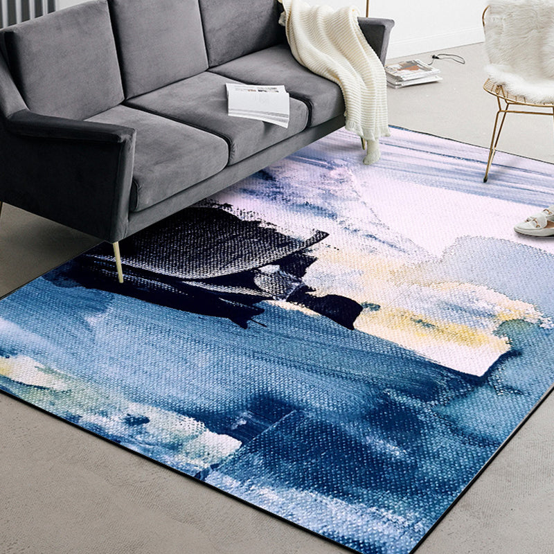Skorter | Blue Living Room Rug Modernism Brush Stroke Pattern Rug Polyester Machine Washable Non-Slip Back Rug