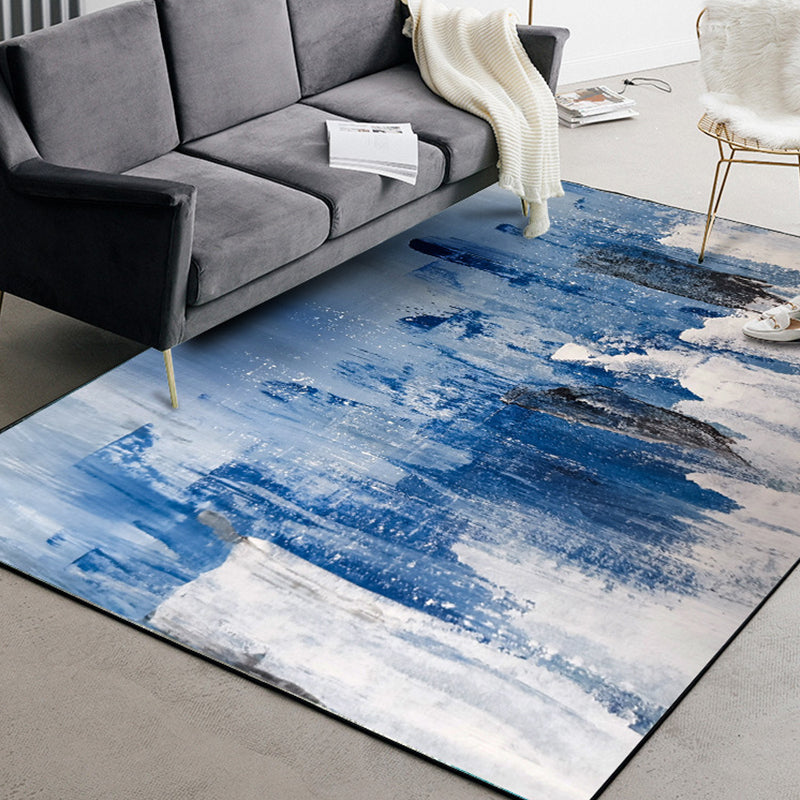 Skorter | Blue Living Room Rug Modernism Brush Stroke Pattern Rug Polyester Machine Washable Non-Slip Back Rug