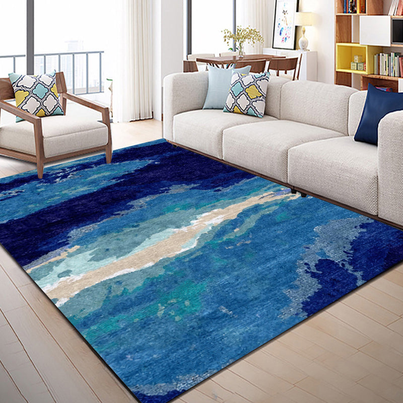 Skorter | Contemporary Area Rug Blue Abstract Carpet Polyester Washable Non-Slip Pet Friendly Area Rug