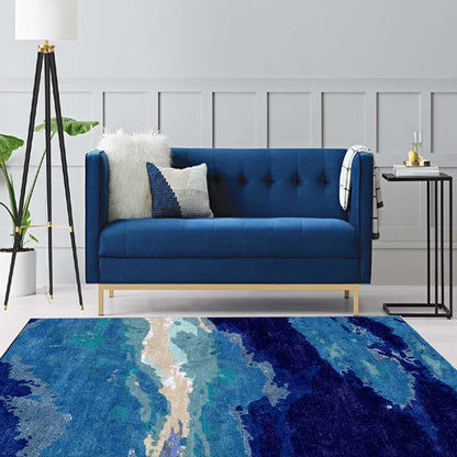 Skorter | Contemporary Area Rug Blue Abstract Carpet Polyester Washable Non-Slip Pet Friendly Area Rug