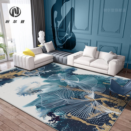 Skorter | Blue Modernism Rug Polyester Swirl Stripes and Watercolor Pattern Rug Pet-Friendly Washable Non-Slip Rug for Bedroom