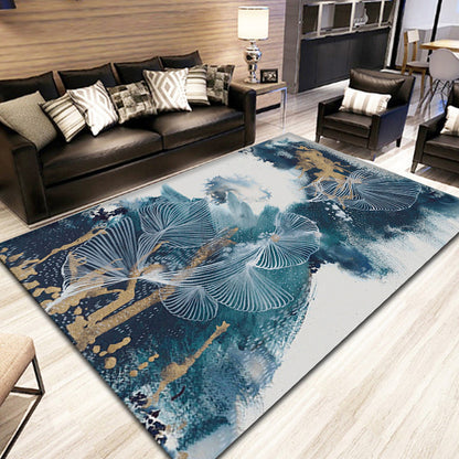 Skorter | Blue Modernism Rug Polyester Swirl Stripes and Watercolor Pattern Rug Pet-Friendly Washable Non-Slip Rug for Bedroom