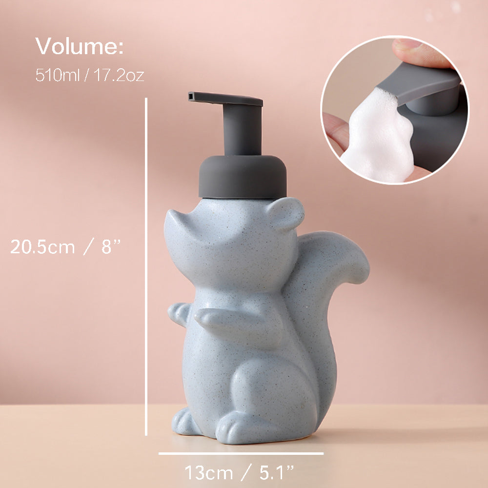 Skorter | Ceramic Soap Dispenser, Squirrel Foam Pump Bathroom Bottle, Animal Design, Refillable Reusable Lotion Pump for Bathroom Kitchen, 510ml/17.2oz