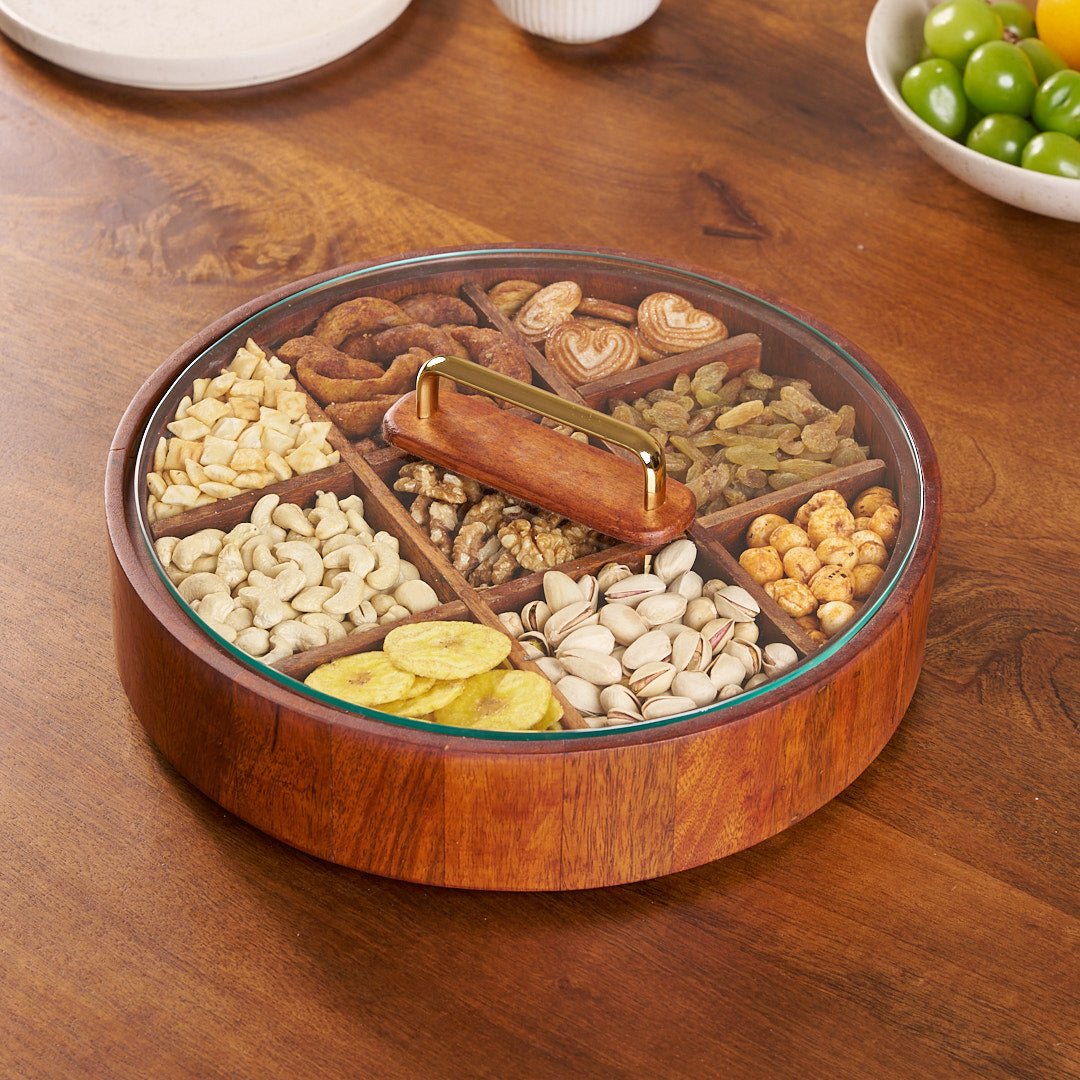 Skorter | BambooSpin – 9-Compartment Serving Tray with Rotating Lid | Premium Bamboo Snack Platter
