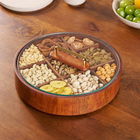 Skorter | BambooSpin – 9-Compartment Serving Tray with Rotating Lid | Premium Bamboo Snack Platter