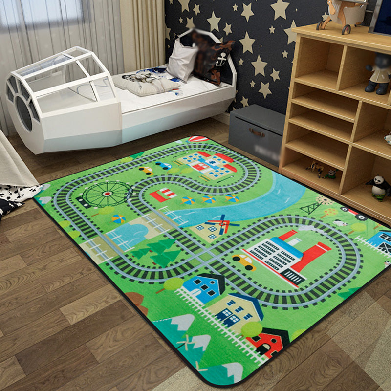Skorter | Cartoon Railway Area Rug Multicolored polypropylene rug pet-friendly non-slip rug for children
