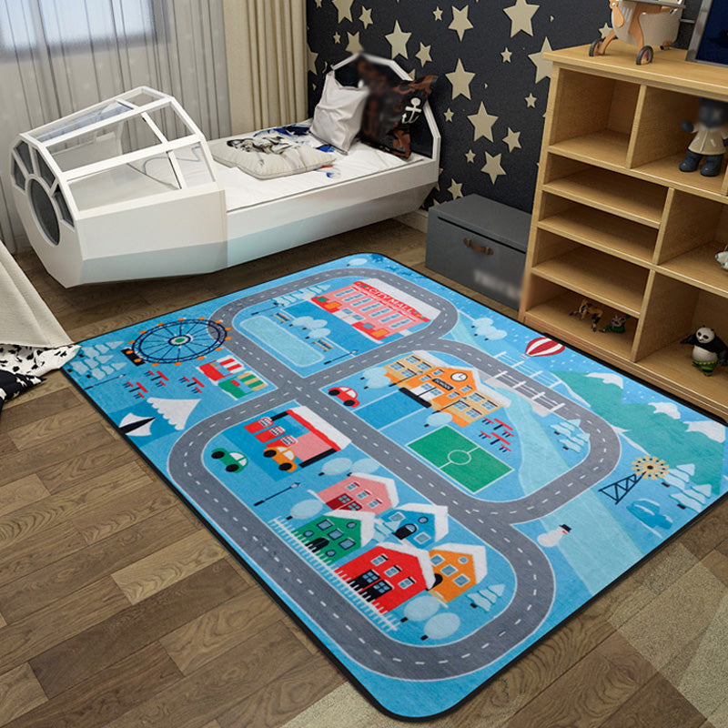 Skorter | Cartoon Railway Area Rug Multicolored polypropylene rug pet-friendly non-slip rug for children