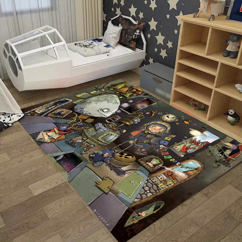 Skorter | Cool Kids Rug Dark Color Fantasy World Area Rug Non-Slip Backing Washable Rug for Kids Room