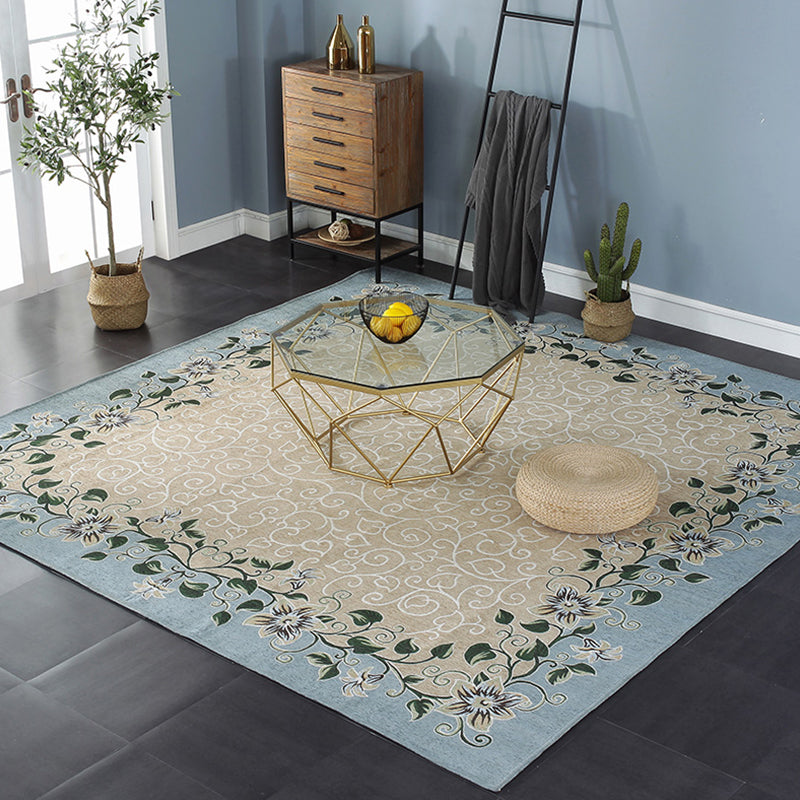 Skorter | Blue Living Room Carpet Vintage Leaf Pattern Indoor Carpet Polyester Pet Friendly Washable Non-Slip Back Carpet