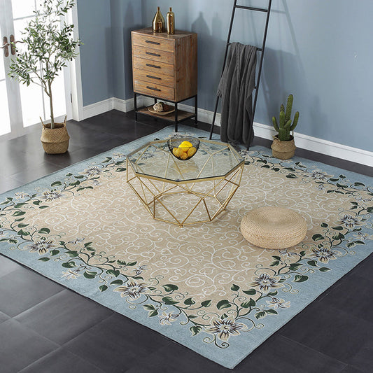 Skorter | Blue Living Room Carpet Vintage Leaf Pattern Indoor Carpet Polyester Pet Friendly Washable Non-Slip Back Carpet