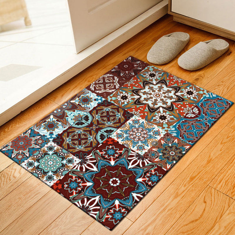 Skorter | Brown Bedroom Carpet Moroccan Flower Square Printed Carpet Polyester Non-slip Back Carpet