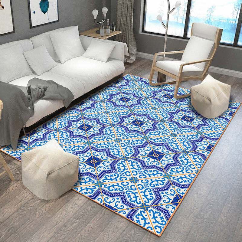 Skorter | Blue Bedroom Rug Moroccan Flower Polygon Pattern Rug Polyester Machine Washable Rug