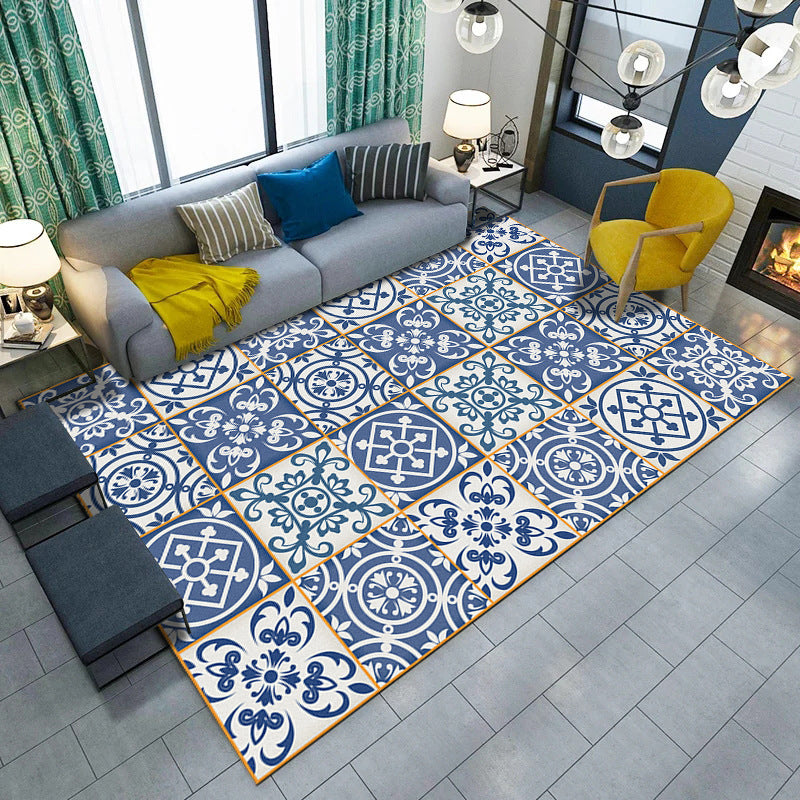 Skorter | Blue and white bedroom rug Moroccan flower circle square pattern rug polyester machine washable rug