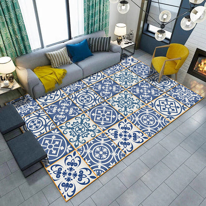Skorter | Blue and white bedroom rug Moroccan flower circle square pattern rug polyester machine washable rug