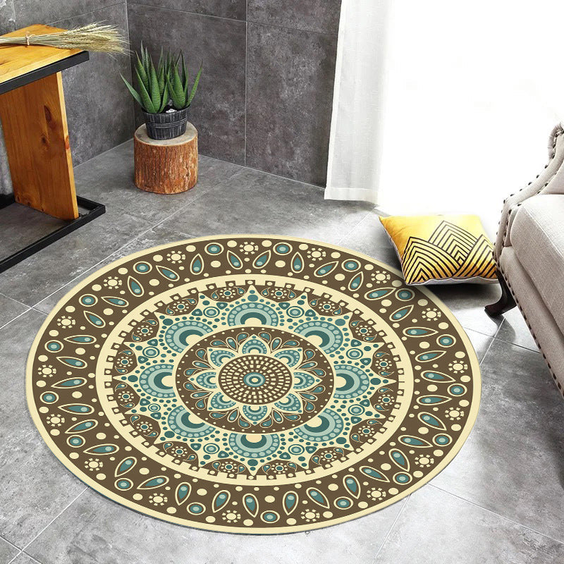 Skorter | Blue and Brown Moroccan Carpet Flannel Floral Pattern Carpet Washable Non-Slip Back Carpet for Living Room