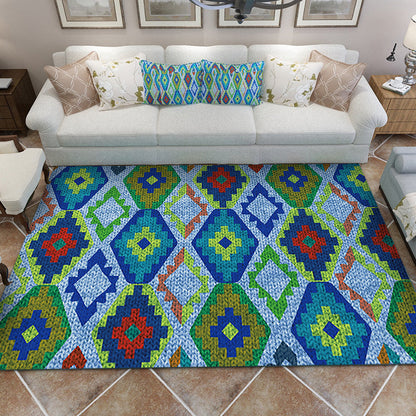 Skorter | Blue Bedroom Rug Southwestern Diamond Pattern Area Rug Polyester Pet-Friendly Non-Slip Rug