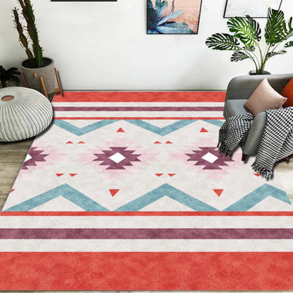 Skorter | Blue and Red Bedroom Carpet Moroccan Medallion Triangle Stripes Pattern Area Rug Polyester Non-Slip Rug