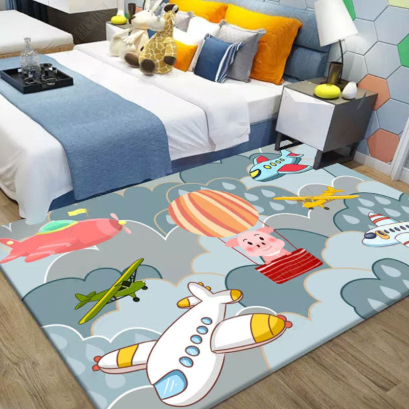 Skorter | Beautiful blue children's carpet Polyester airplanes and balloon pattern carpet washable pet-friendly non-slip carpet for the children's room