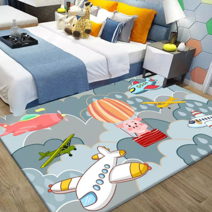 Skorter | Beautiful blue children's carpet Polyester airplanes and balloon pattern carpet washable pet-friendly non-slip carpet for the children's room