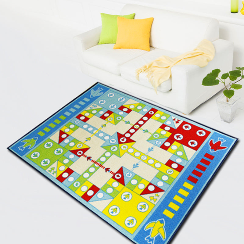 Skorter | Blue Children's Room Carpet Kids Chessboard Pattern Carpet Polyester Washable Non-Slip Backing Pet-Friendly Carpet