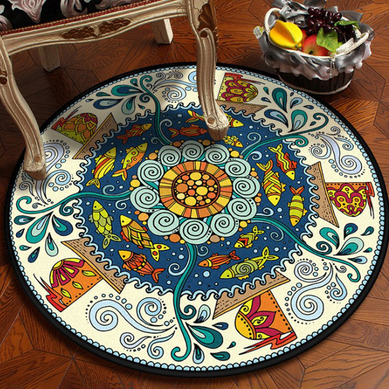 Skorter | Blue and white bedroom rug southwestern fish tribal rug polyester washable area rug