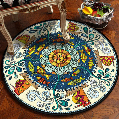 Skorter | Blue and white bedroom rug southwestern fish tribal rug polyester washable area rug