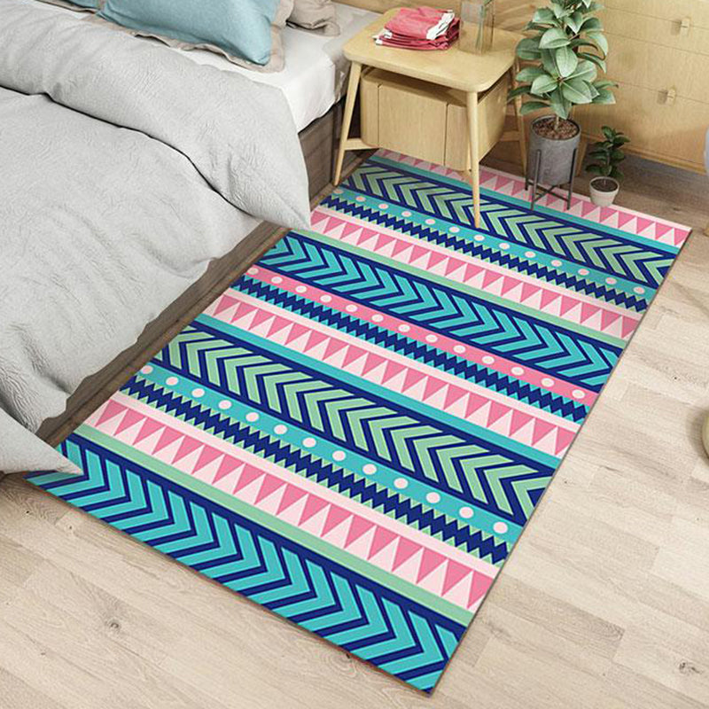 Skorter | Blue and pink striped tribal rug with chevron geometric polyester pet-friendly stain-resistant indoor rug for bedroom