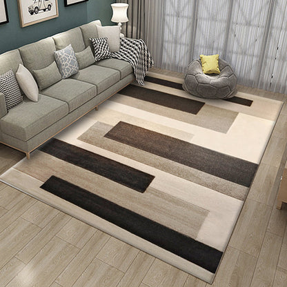 Skorter | Brown Bedroom Rug Novelty Geometry Rectangle Check Stripe Print Rug Polyester Washable Area Rug