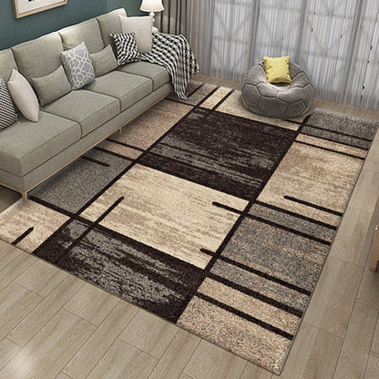 Skorter | Brown Bedroom Rug Novelty Geometry Rectangle Check Stripe Print Rug Polyester Washable Area Rug