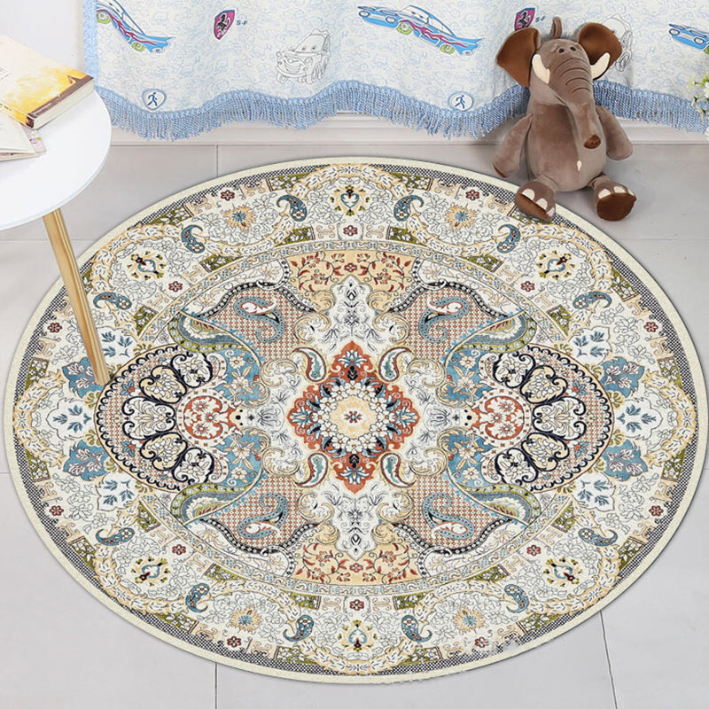 Skorter | Blue and white Moroccan rug Polyester floral Paisley rug non-slip backing rug machine washable for the living room