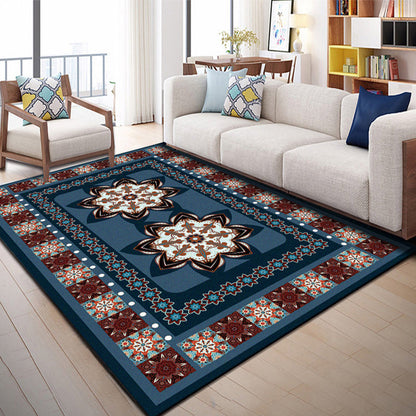 Skorter | Blue Bedroom Rug Moroccan Floral Dots Rectangle Print Rug Polyester Non-Slip Rug