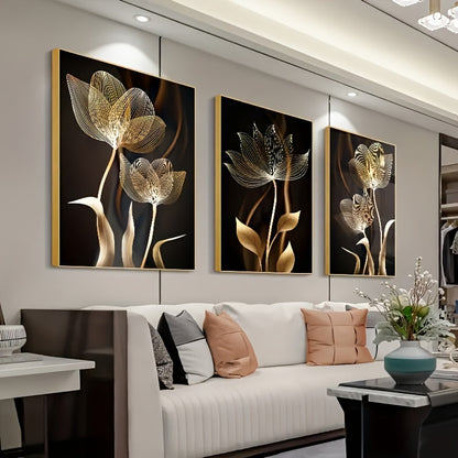 Skorter | 3-piece Luxe Canvas Posters - Golden Flowers Artwork, Wall Decoration for Living Room, Bedroom, Office, Hallway, and Kitchen, Without Frame