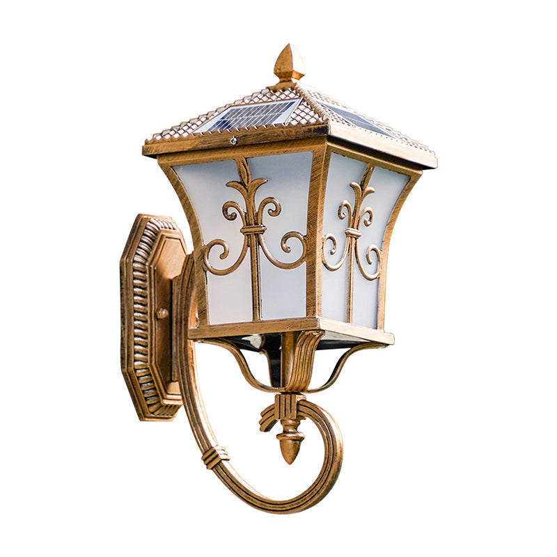 Skorter | Frosted Glass Curved Lantern Wall Light Traditional Terrace Small/Large Solar LED Wall Lamp in Black/Brass