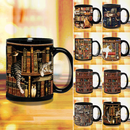 skorter | Bookcase Ceramic Coffee Mug - Gift for Cat Book Lovers