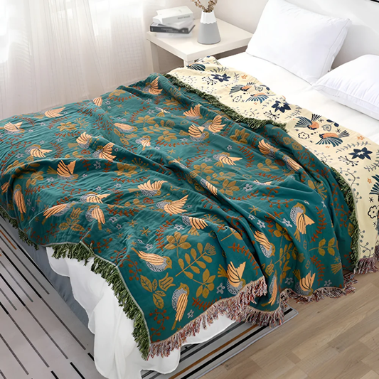 Skorter | Embroidered Cotton Throw Blanket with Birds and Flowers