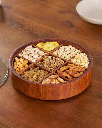 Skorter | BambooSpin – 9-Compartment Serving Tray with Rotating Lid | Premium Bamboo Snack Platter