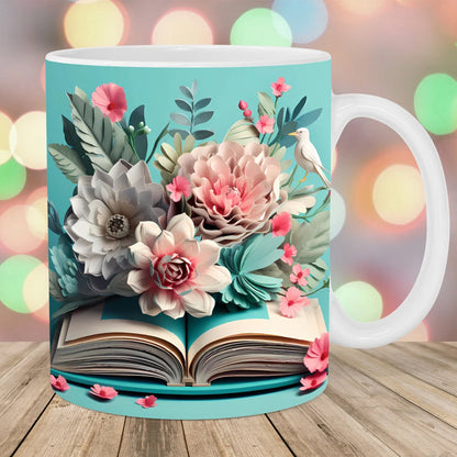 skorter | 3d Artistically Beautiful Floral Books Coffee Mug - Book Lover Gift