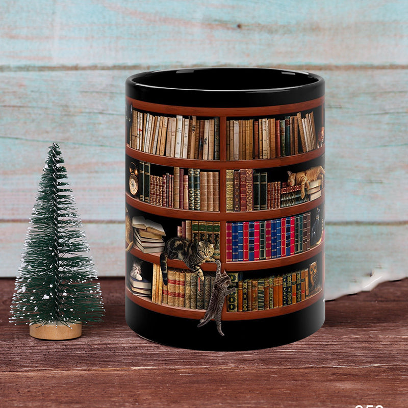 Skorter | Bookshelf Ceramic Coffee Mug - Gift for Cat Book Lovers