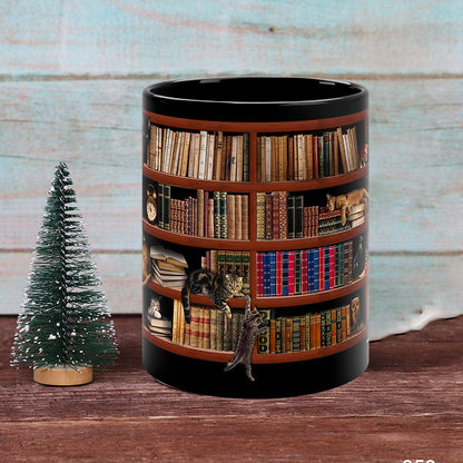 Skorter | Bookshelf Ceramic Coffee Mug - Gift for Cat Book Lovers