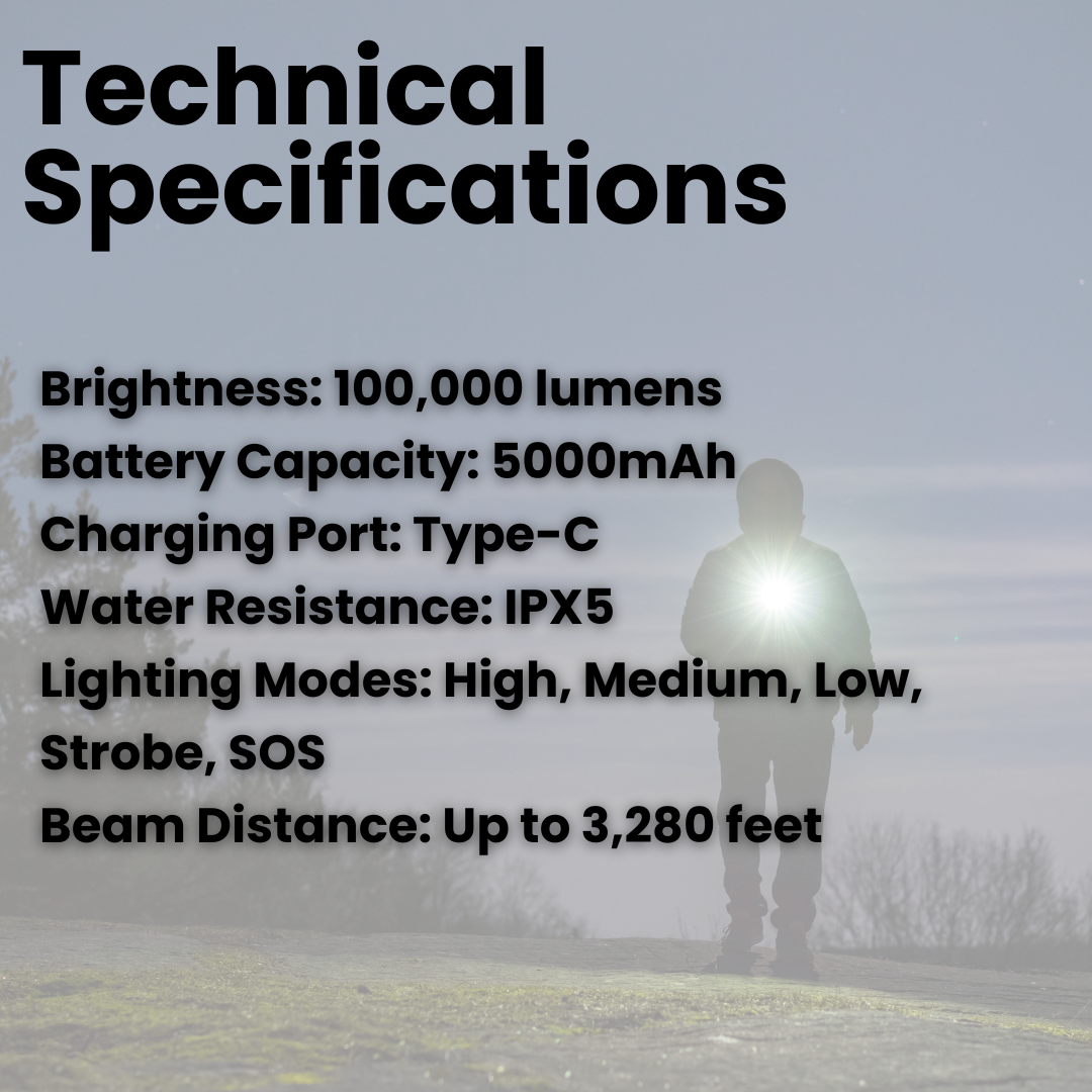 Skorter | 100,000 Lumen Rechargeable LED Flashlight | Waterproof, Impact-Resistant & Ideal for Hiking, Emergencies & Power Outages