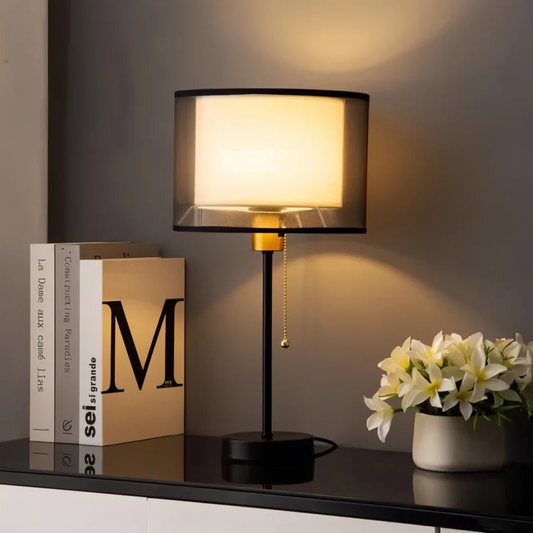 Skorter | Lumis – Vintage Table Lamp with Double Fabric Shade | Warm Ambient Lighting for Bedroom or Living Room