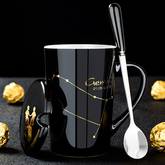 skorter | 12 constellations black ceramic mug with lid spoon